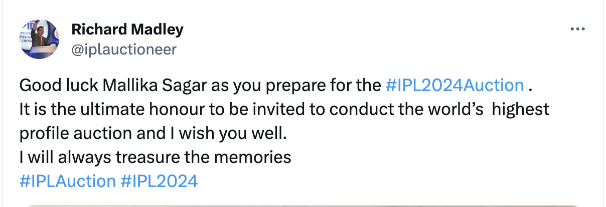 IPL 2024 Auction: Richard Madley Congratulates Mallika Sagar